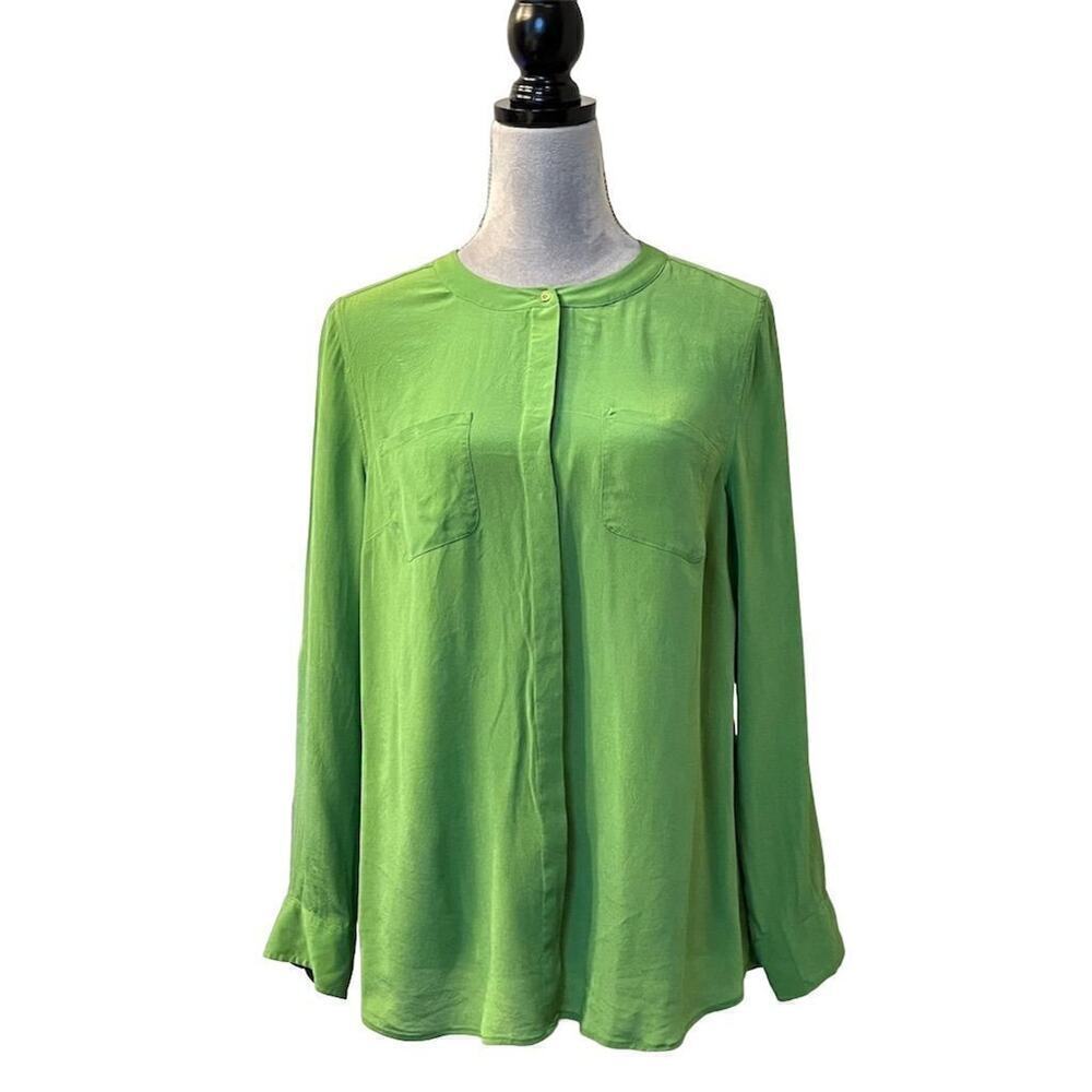 Talbots Petites Silk Blouse 14 Green Long Sleeve Casual Top Button Up Grannycore